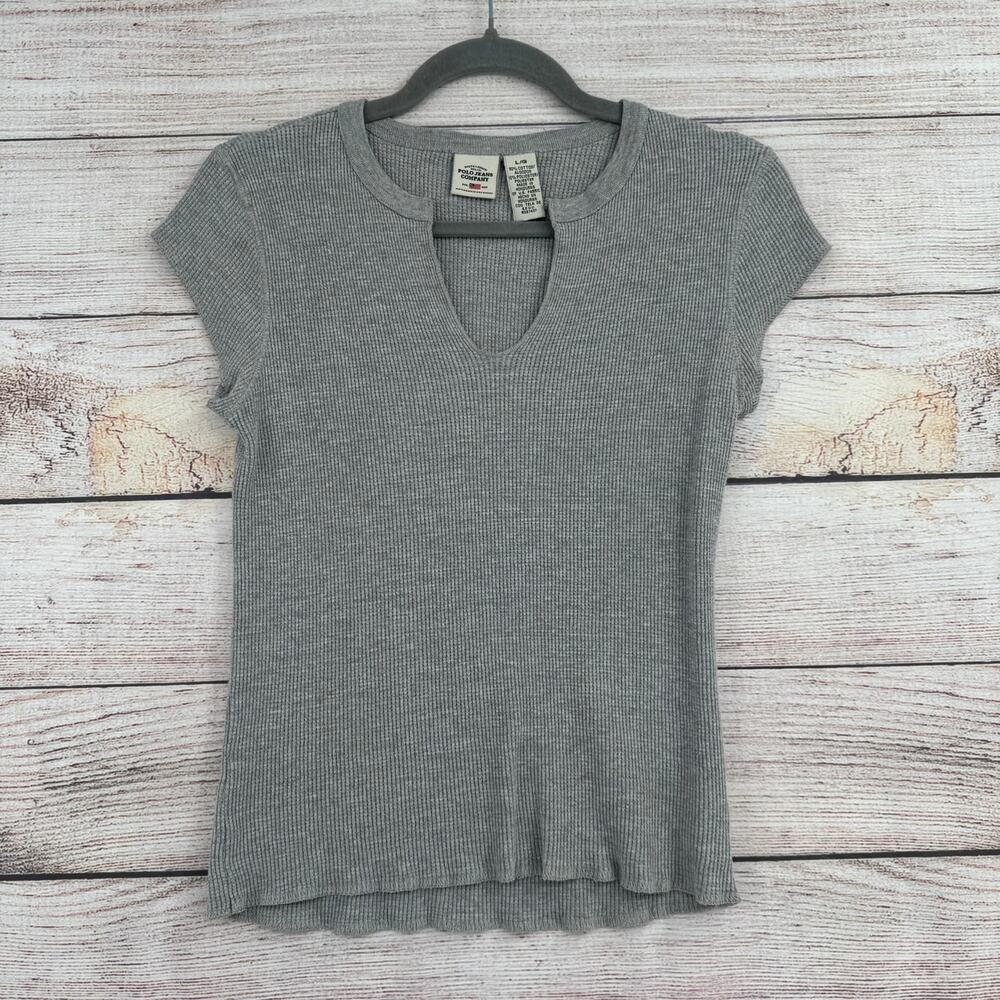 Polo Jeans Co Ralph Lauren V-Neck Thermal Shirt Womens Large Gray Waffle Knit